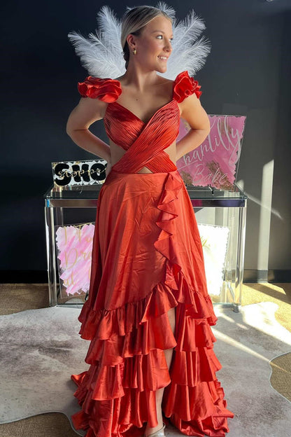 Vestido de fiesta largo de corte A con volantes y abertura