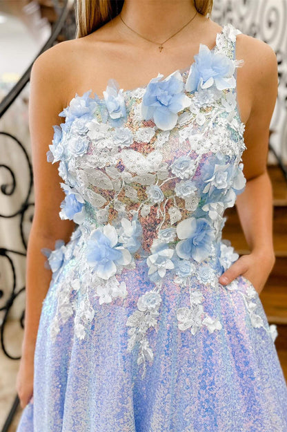 Vestido formal largo con lentejuelas y flores 3D de un solo hombro