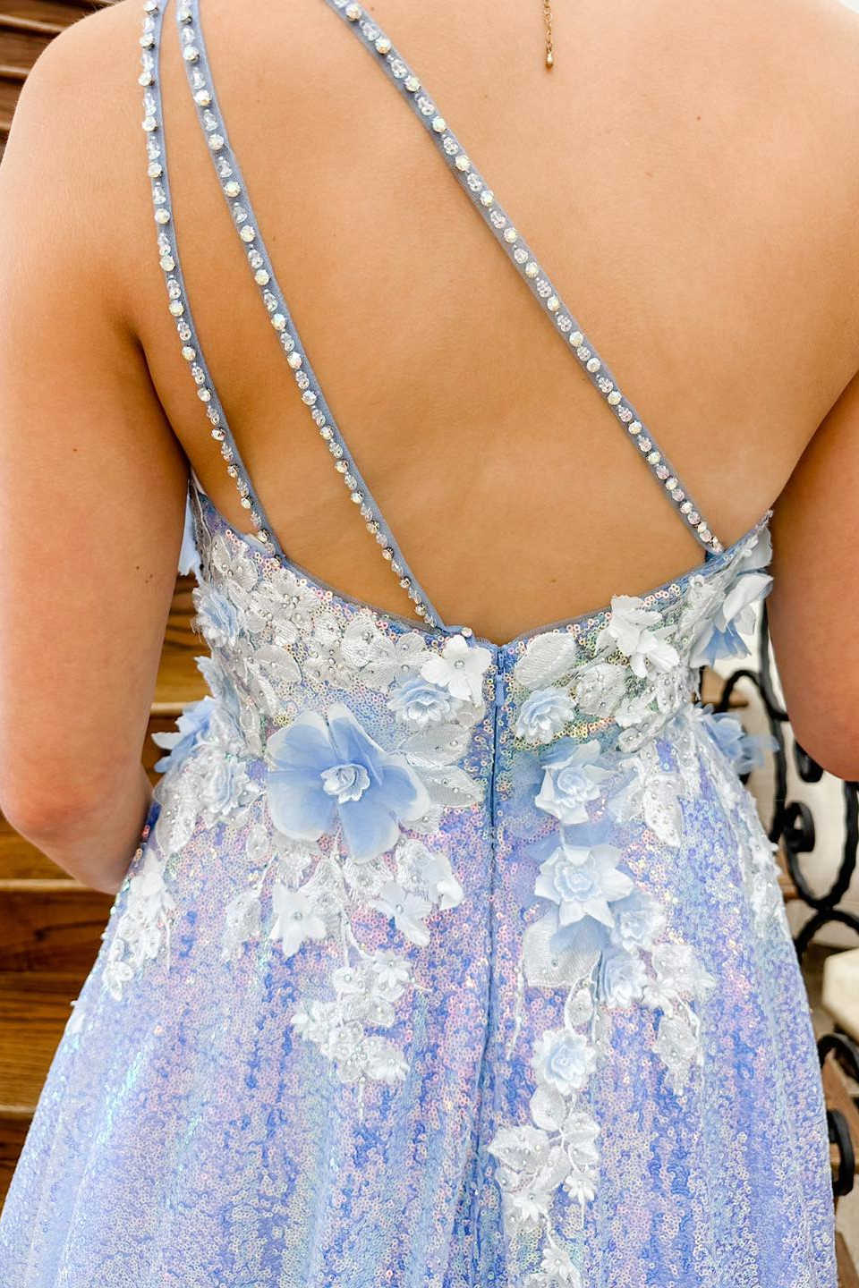 Vestido formal largo con lentejuelas y flores 3D de un solo hombro