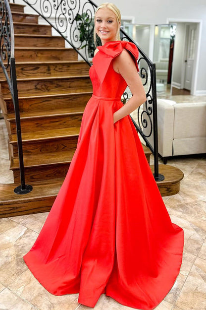 Vestido de fiesta de satén con lazo de un hombro y bolsillos