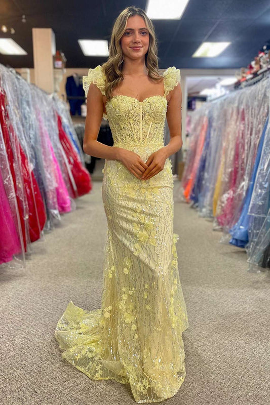 Vestido de fiesta largo estilo sirena con tirantes y volantes y flores 3D