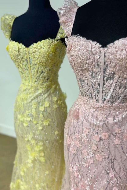Vestido de fiesta largo estilo sirena con tirantes y volantes y flores 3D