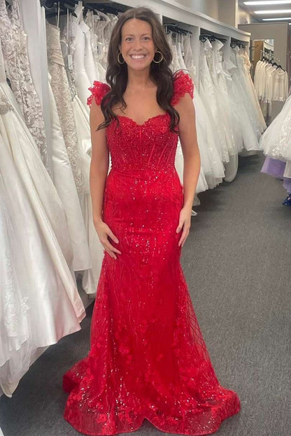 Vestido de fiesta largo estilo sirena con tirantes y volantes y flores 3D