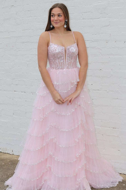 Angie | Vestido de fiesta rosa con lentejuelas, tirantes y escote pronunciado