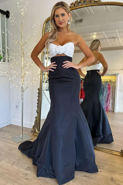 Vestido de fiesta de sirena fruncido blanco y negro sin tirantes