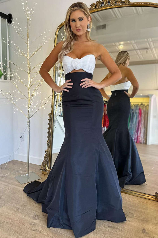 Vestido de fiesta de sirena fruncido blanco y negro sin tirantes