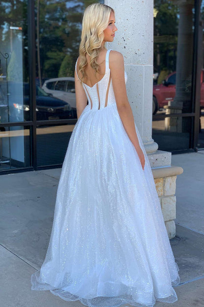 Vestido de fiesta de corte A con lentejuelas blancas y escote cuadrado
