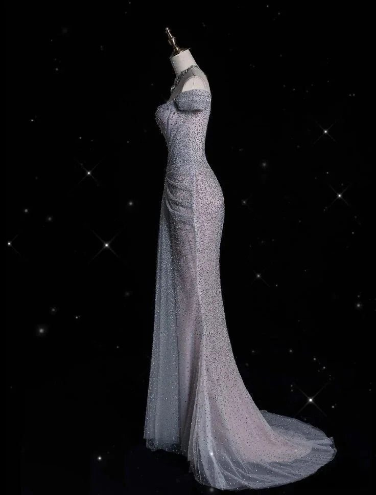 Vestido largo de noche y baile con lentejuelas y cuentas, tul lila brillante, estilo sirena, con escote barco Y8054
