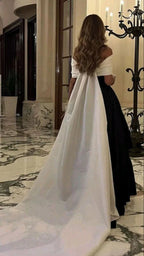 Vestidos de Cetim Preto e Branco de Luxo para Baile com Cauda Removível, Feitos por Encomenda, Vestido de Festa de Cocktail e Noite Y5025