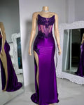 Vestido de Festa Roxo de Cetim com Aplicações de Renda, Sem Alças, Modelo Sereia, Sexy, com Fenda, Vestido de Noite Y8121