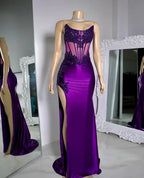 Vestido de Festa Roxo de Cetim com Aplicações de Renda, Sem Alças, Modelo Sereia, Sexy, com Fenda, Vestido de Noite Y8121