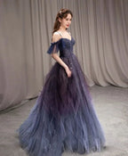 Abito lungo da sera viola in tulle con cielo stellato scuro per ballo di fine anno abito da sera viola Y5847