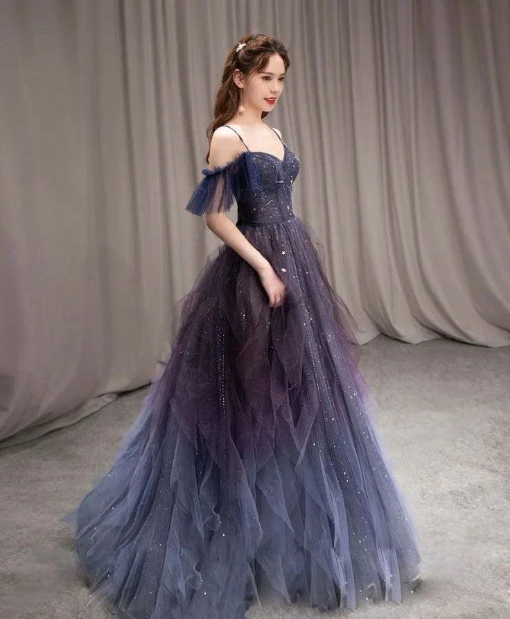 Abito lungo da sera viola in tulle con cielo stellato scuro per ballo di fine anno abito da sera viola Y5847