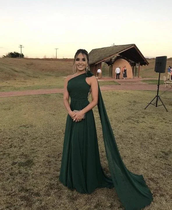 Abito da sera verde chiffon monospalla Y5774