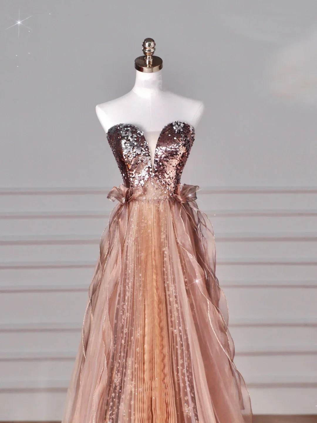 Abito da sera vintage senza spalline in tulle con paillettes e perline, linea a trapezio, colore oro rosa Y8622
