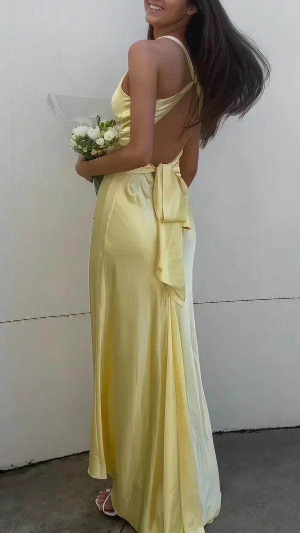 Abito da festa formale lungo in raso, sirena, scollatura sexy sulla schiena Y8119