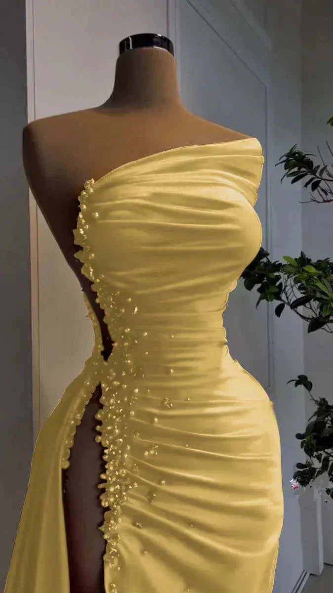 Vestido de noite vermelho com decote assimétrico, cetim, pregas e racha alta, vestido formal encantador Y379
