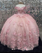 Robe de bal rose à épaules dénudées pour Quinceañera avec appliques 3D et corset Y6791