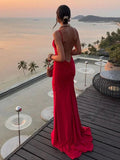 Abito da sera rosso sirena lungo con schiena scoperta, elegante per ballo Y7865