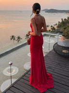 Abito da sera rosso sirena lungo con schiena scoperta, elegante per ballo Y7865