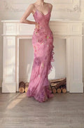 Elegante abito da sera sirena lungo in chiffon rosa con paillettes Y8310