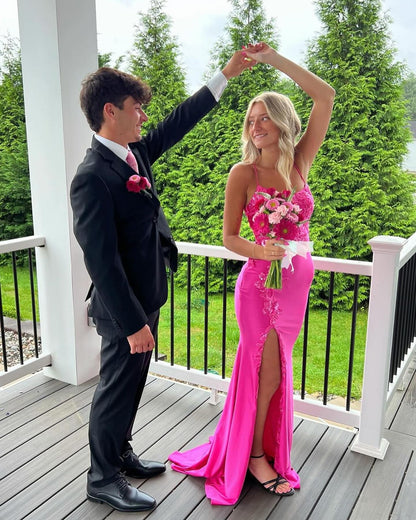 Fabulous Column Satin Spaghetti Straps Sleeveless Pink Prom Dresses With Appliques Split Front