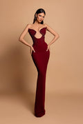 Abito da sera favoloso bordeaux in raso con colonna, senza spalline e senza maniche, decorato con strass