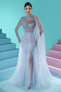 Vestido de Baile Deslumbrante Comprido em Linha A, Gola Alta, Mangas Compridas, Bordado com Fenda