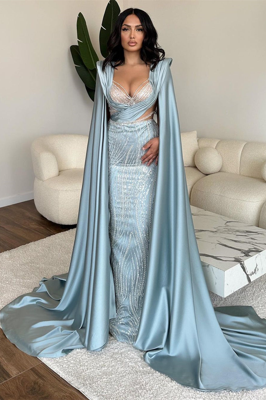 Favoloso lungo abito da sera blu con scollo a V, sirena, paillettes e pizzo, con maniche
