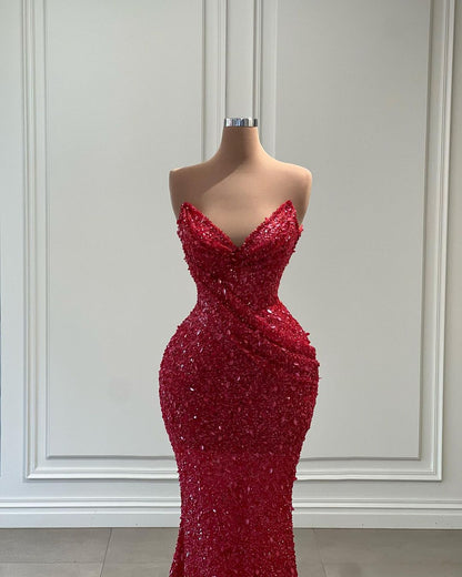 Fabulous Long Red V-neck Sequined Sleeveless Mermaid Prom Dress
