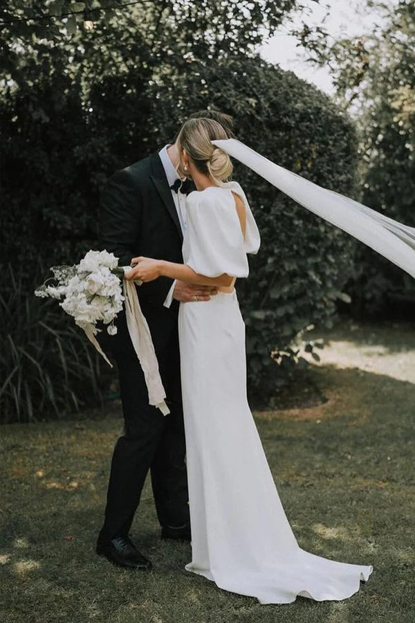 Robe de mariée modeste en satin élastique, ligne A, col en V Fairy