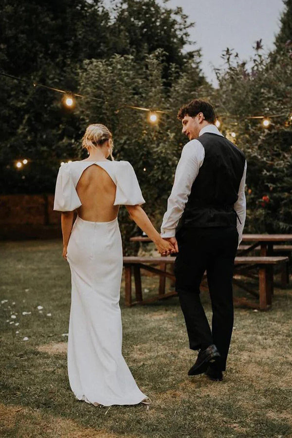 Robe de mariée modeste en satin élastique, ligne A, col en V Fairy