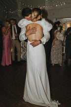 Robe de mariée modeste en satin élastique, ligne A, col en V Fairy