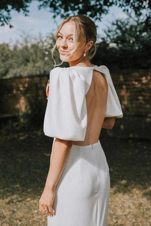 Vestido de Noiva Modesto em Cetim Elástico com Decote em V e Corte em A Fairy