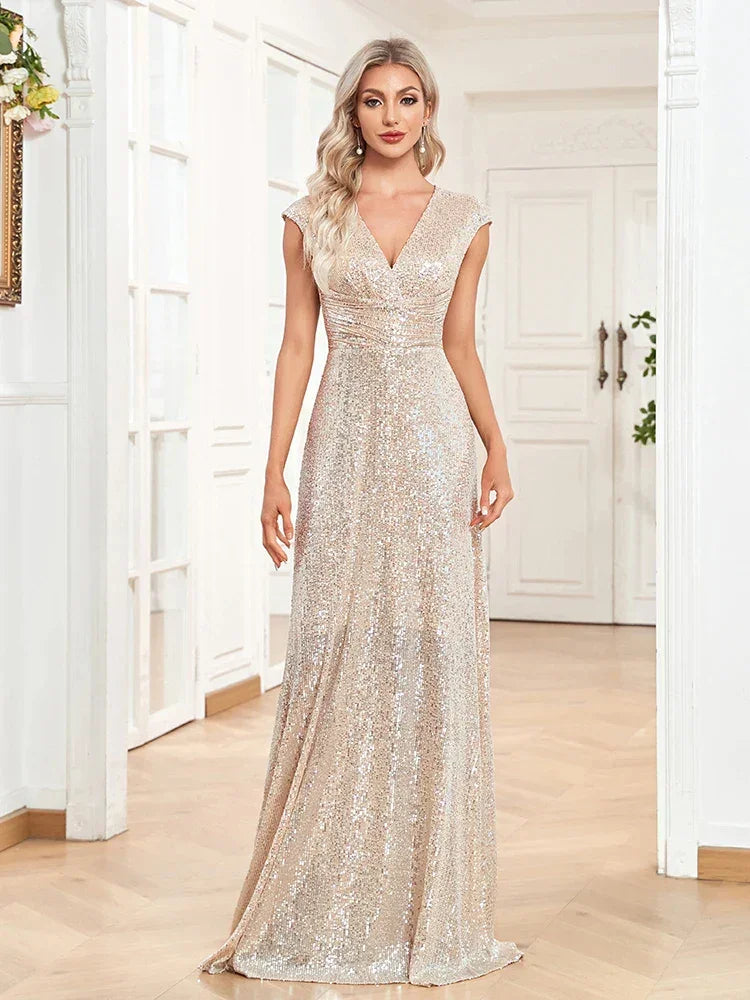Abito lungo da sera lussuoso con paillettes scintillanti Sweep Train, abito elegante per occasioni formali, ballo di fine anno 2025, vestito di lusso per compleanno
