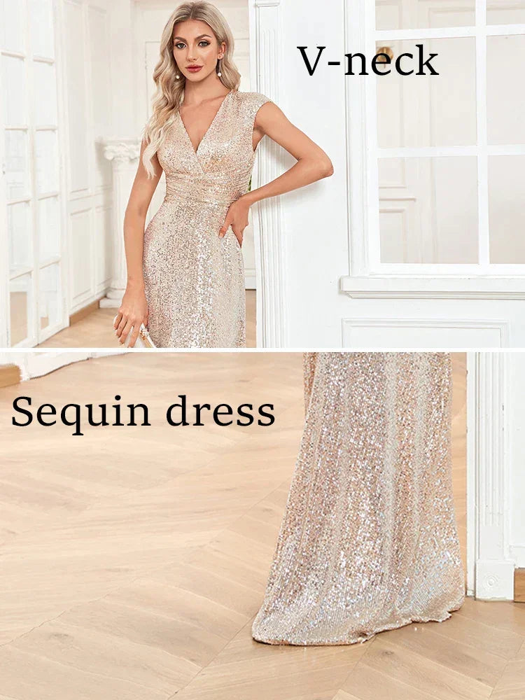Abito lungo da sera lussuoso con paillettes scintillanti Sweep Train, abito elegante per occasioni formali, ballo di fine anno 2025, vestito di lusso per compleanno