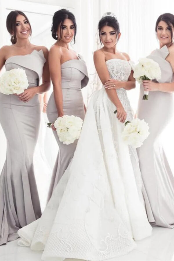 Fantastic Satin Strapless Mermaid Long Bridesmaid Dresses With Train