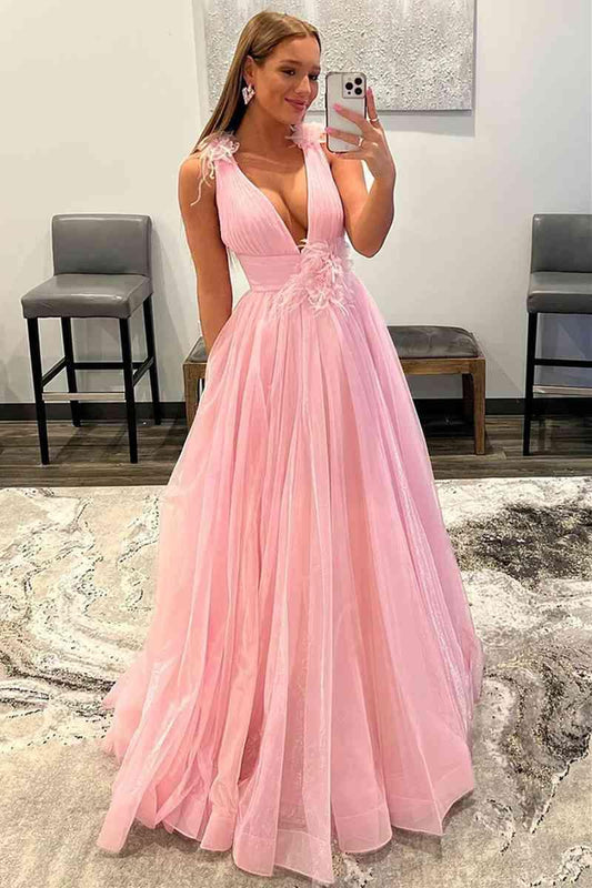 Feathers Backless Pink Plunging V-Neck Tulle Long Formal Dress