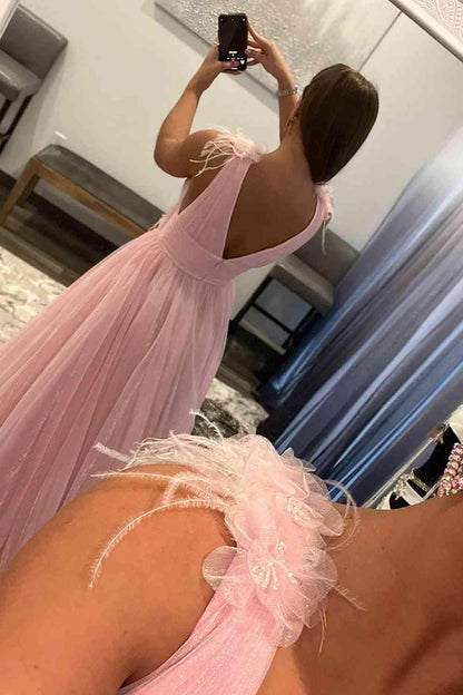 Feathers Backless Pink Plunging V-Neck Tulle Long Formal Dress