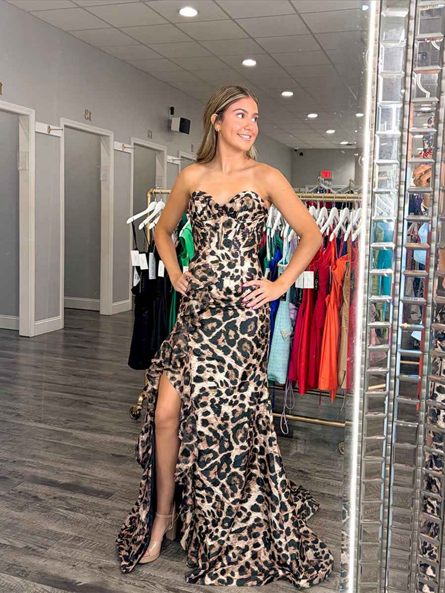 Bold Leopard Print Ruffled Corset Prom Dress With Slit
