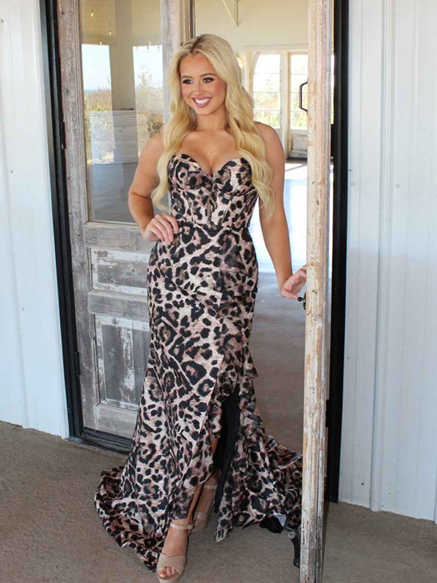 Bold Leopard Print Ruffled Corset Prom Dress With Slit