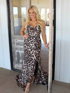 Bold Leopard Print Ruffled Corset Prom Dress With Slit