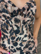 Bold Leopard Print Ruffled Corset Prom Dress With Slit