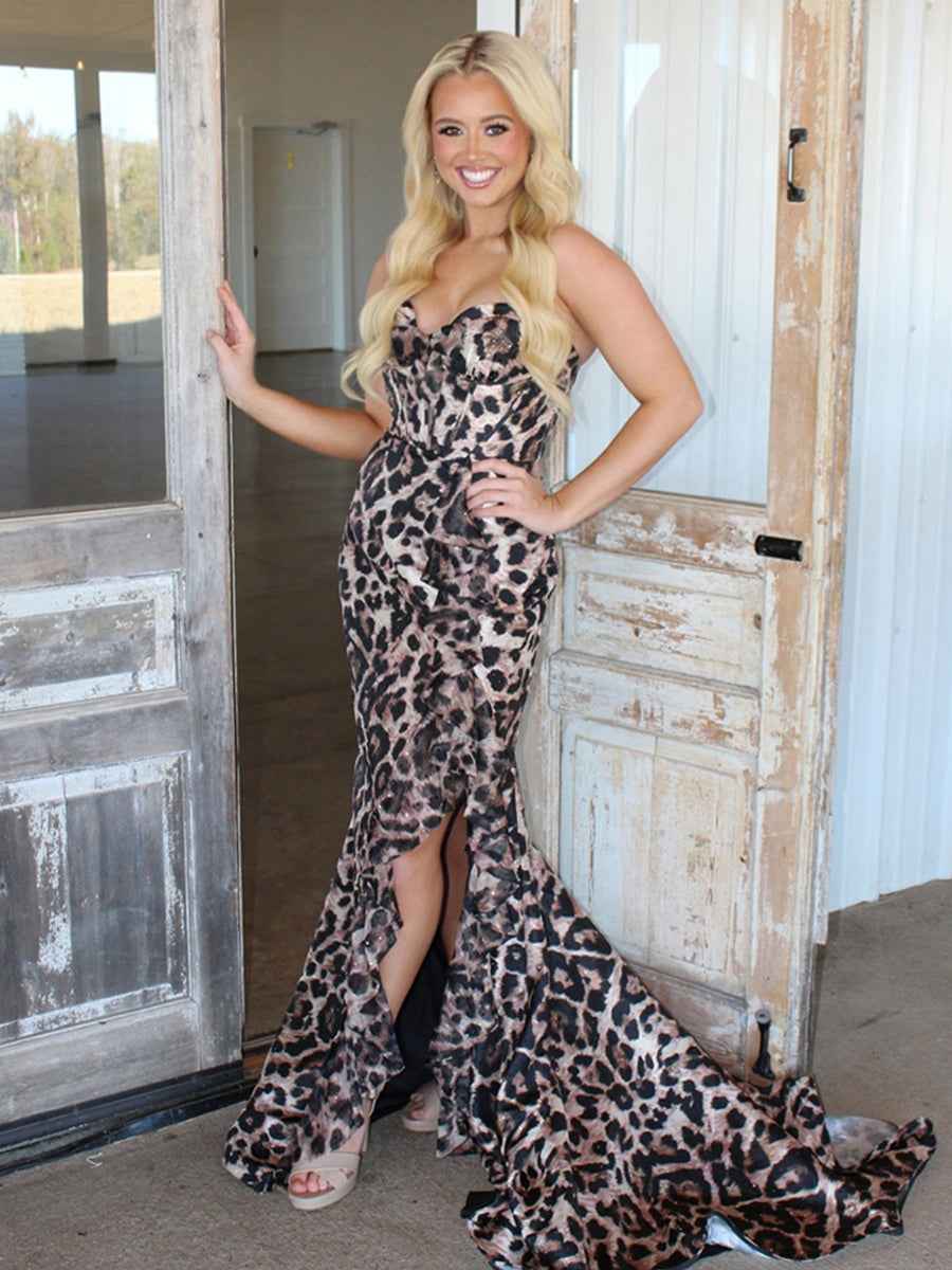 Bold Leopard Print Ruffled Corset Prom Dress With Slit