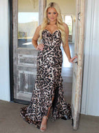 Bold Leopard Print Ruffled Corset Prom Dress With Slit