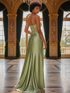 Sage Green Satin Prom Dress With Appliques Beadwork Fitted V Neck Corset Slit