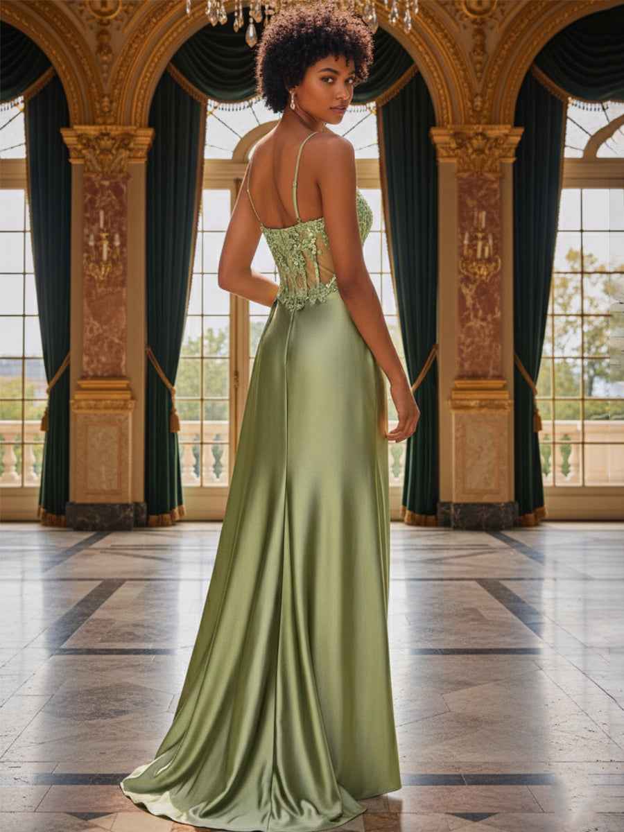 Sage Green Satin Prom Dress With Appliques Beadwork Fitted V Neck Corset Slit