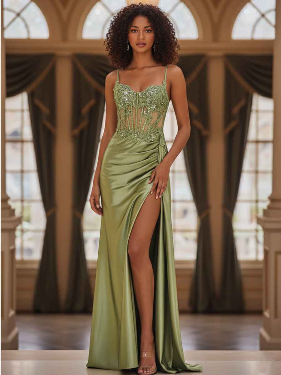Sage Green Satin Prom Dress With Appliques Beadwork Fitted V Neck Corset Slit