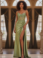 Sage Green Satin Prom Dress With Appliques Beadwork Fitted V Neck Corset Slit