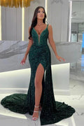 Abiti da sera verde scuro a lunghezza intera con spalline, scollo a cuore, linea a colonna, spacco frontale e paillettes